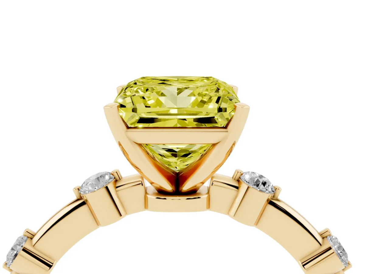 Fancy Yellow Princess Cut Solitaire Diamond Ring with Bezel Set Side Stones and Prong Setting Yellow gold