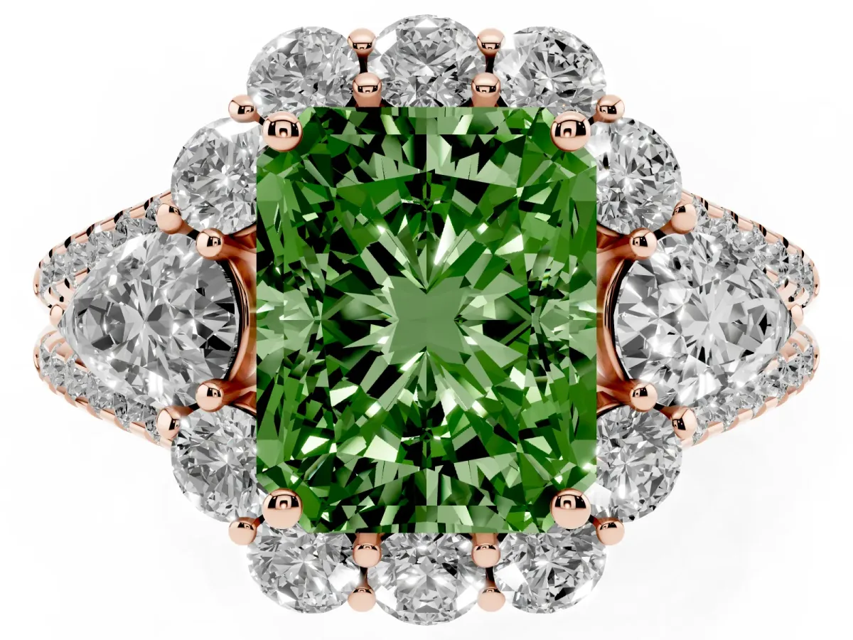 Fancy Green Radiant Cut Halo Split Shank Diamond Engagement Ring with Prong Setting Rose gold
