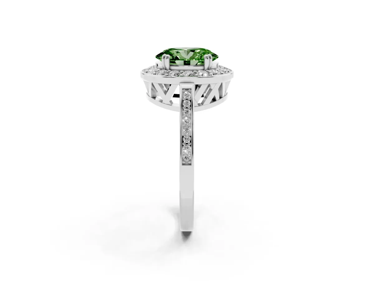Fancy Green Oval Cut Diamond Halo Ring with Split Shank and Four-Prong Setting Silver