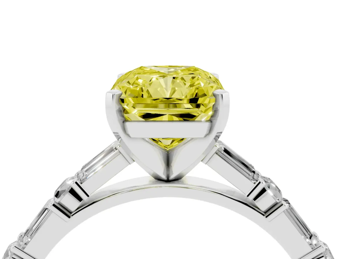 Fancy Yellow Radiant Cut Diamond Solitaire with Side Baguettes and Channel Set Band Platinum