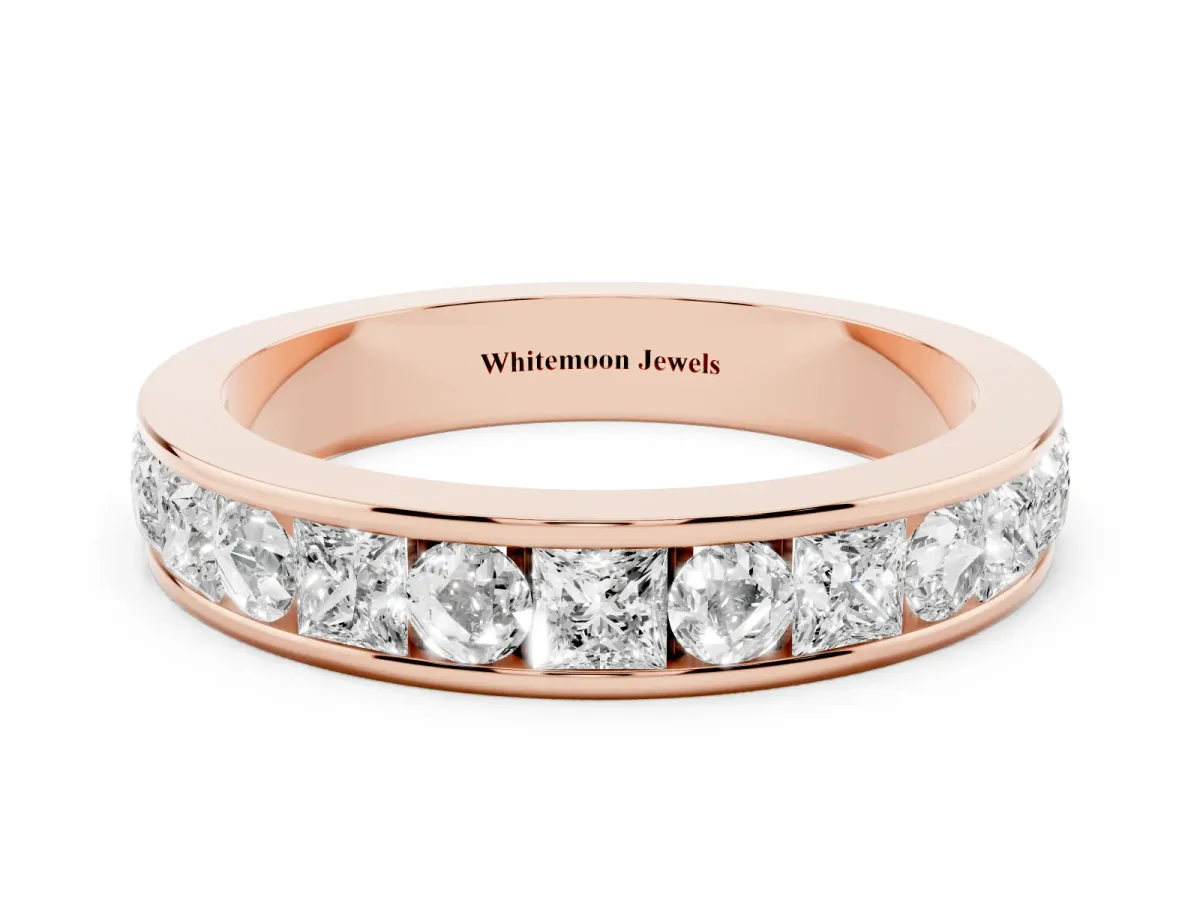 Princess Diamond Channel Set Promise Ring with Round Diamond Accents Rose gold