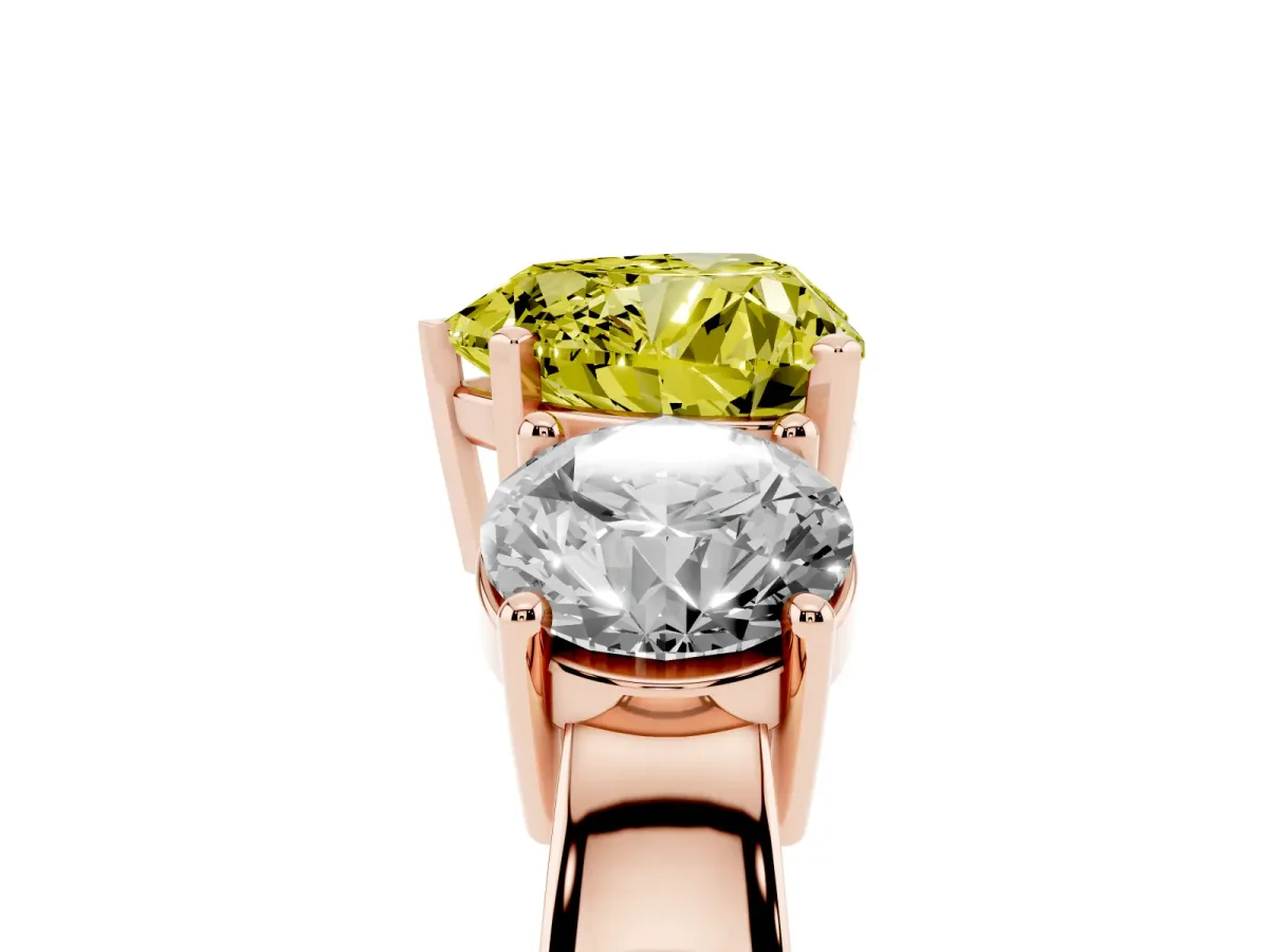 Fancy Yellow Three-Stone Heart Cut Diamond Ring with Round Side Stones, Classic Band, and Four-Prong Setting Rose gold