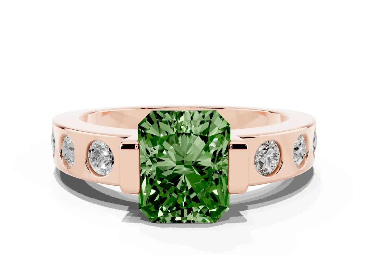 Fancy Green Radiant Cut Brilliant Channel-Set Diamond Ring with Bezel Prong Setting Rose gold