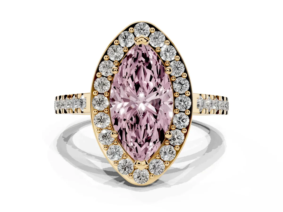 Fancy Pink Marquise Cut Diamond Halo Ring with Round Pavé Split Shank and Prong Setting Yellow gold