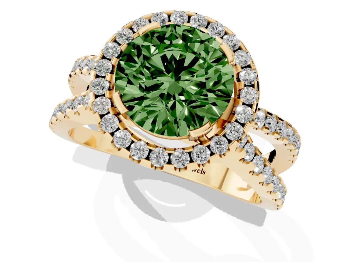 Fancy Green Round Cut Diamond Halo Ring with Split Shank Pavé Band and Prong Setting Yellow gold
