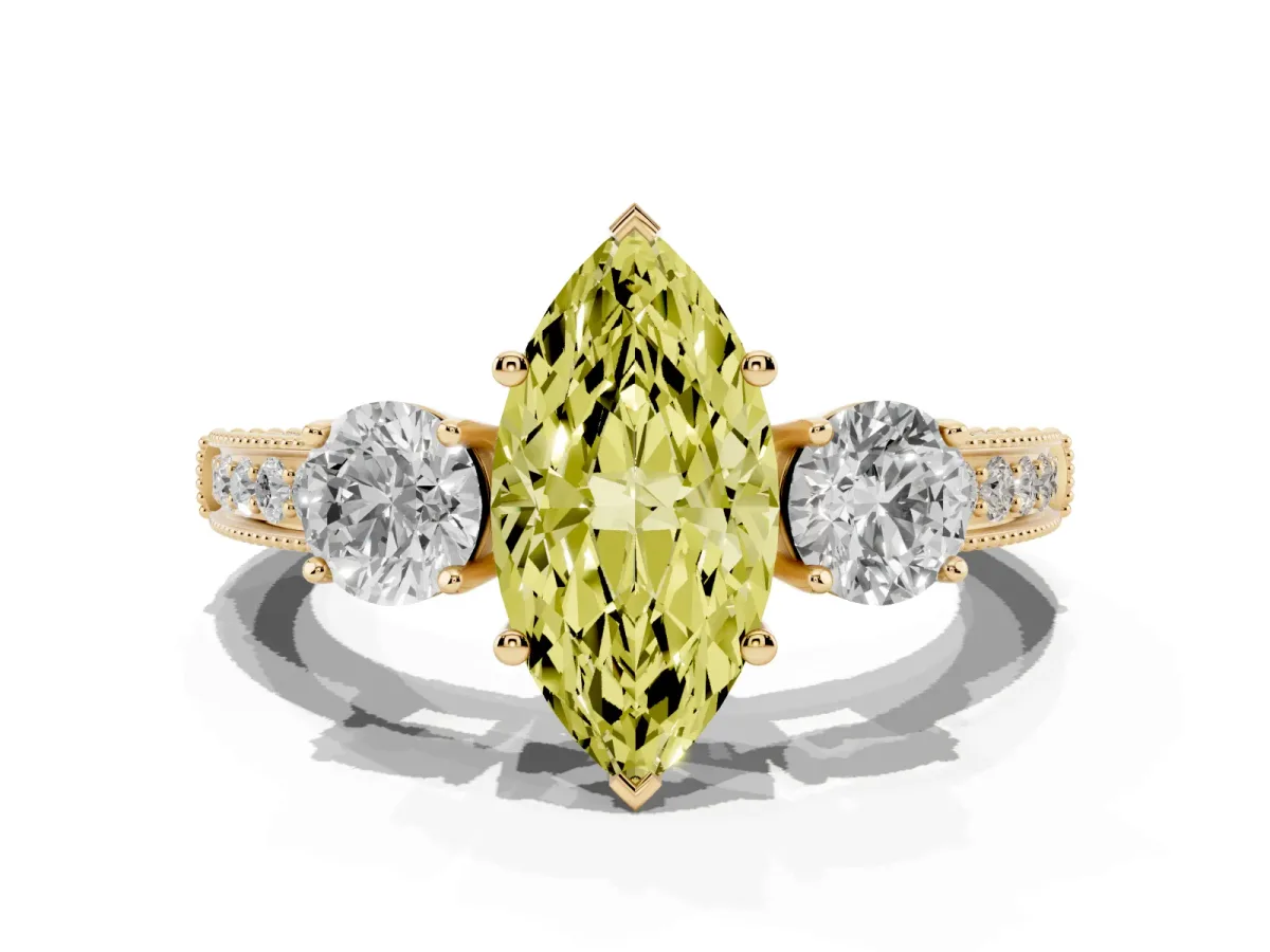 Fancy Yellow Marquise Cut Three-Stone Diamond Ring with Pavé Band and Four-Prong Setting Yellow gold