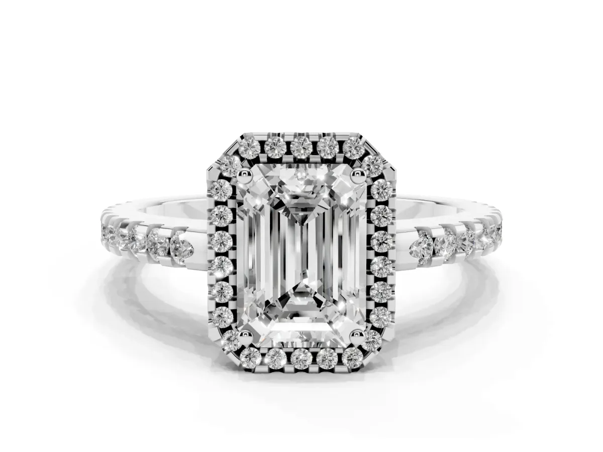 Emerald Cut Diamond Halo Engagement Ring with Pavé Band and Prong Setting Silver