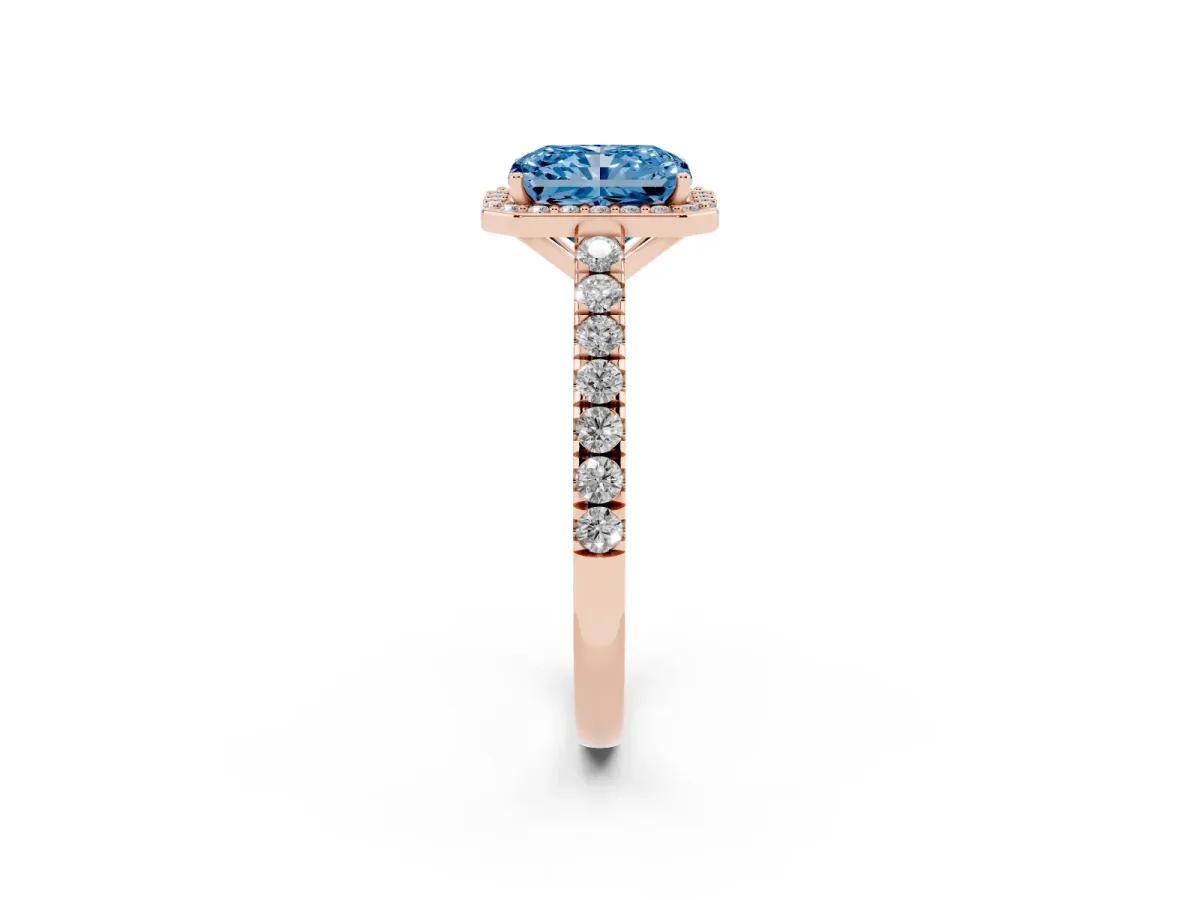 Fancy Blue Radiant Cut Cut Halo Diamond Engagement Ring with Pave Band and Four-Prong Setting Rose gold
