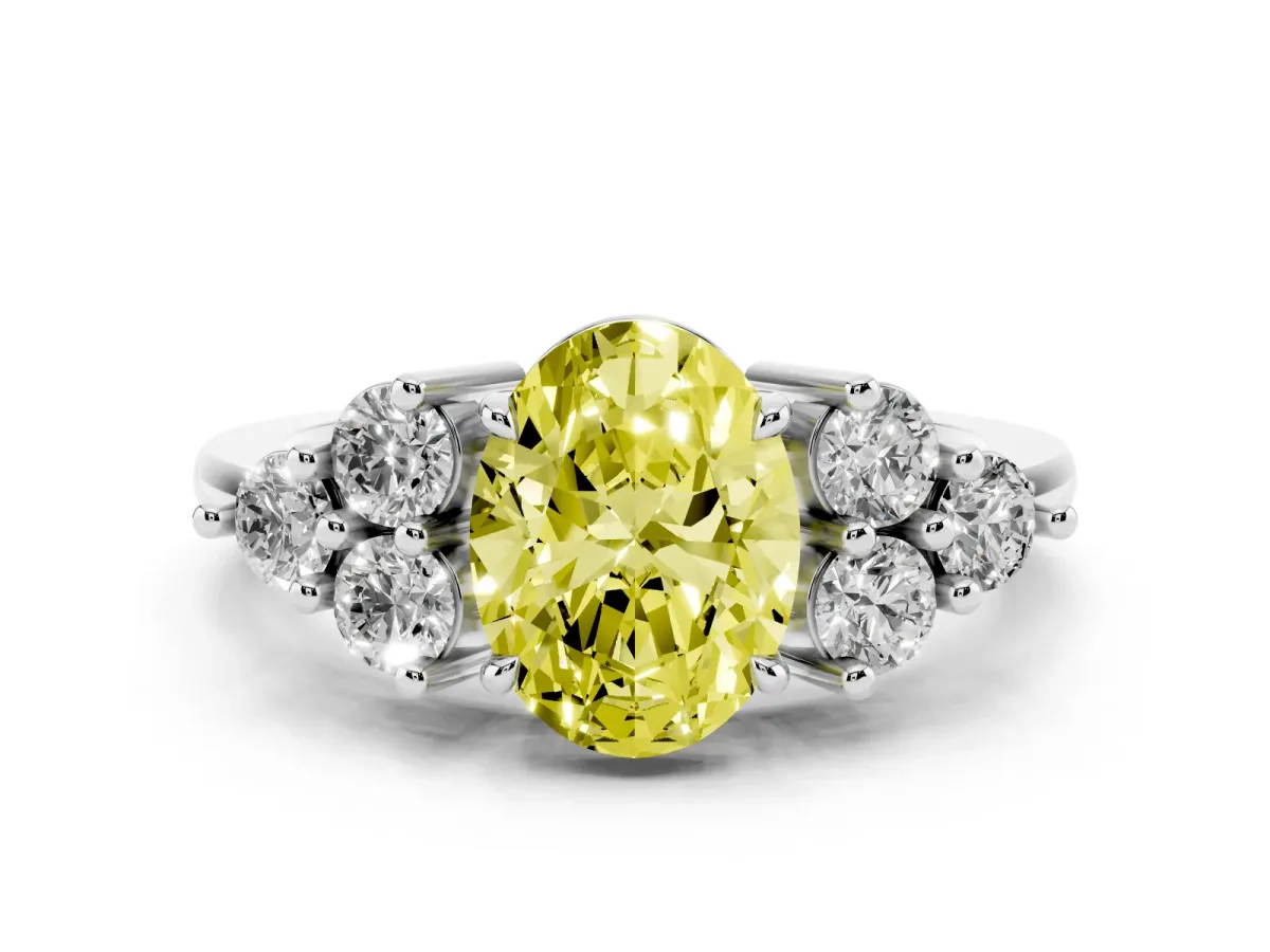 Fancy Yellow Oval Cut Brilliant Diamond Cluster Accent Solitaire Ring with Prong Setting White gold