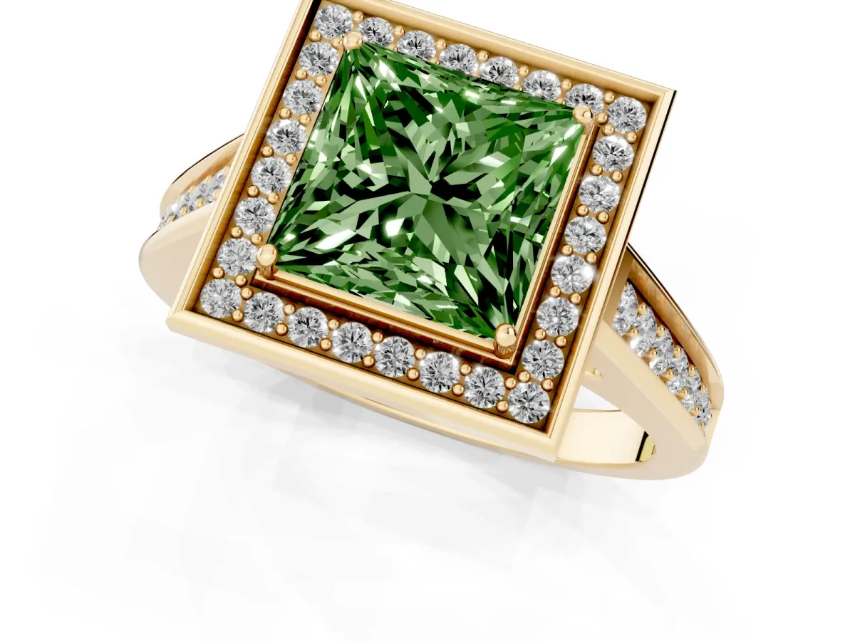 Fancy Green Princess Cut Halo Solitaire Diamond Ring with Pave Band and Bezel Setting Yellow gold