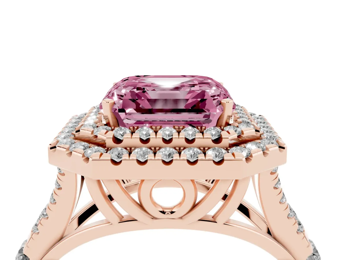 Fancy Pink Asscher Cut Diamond Pavé Split Shank Double Halo Engagement Ring Rose gold