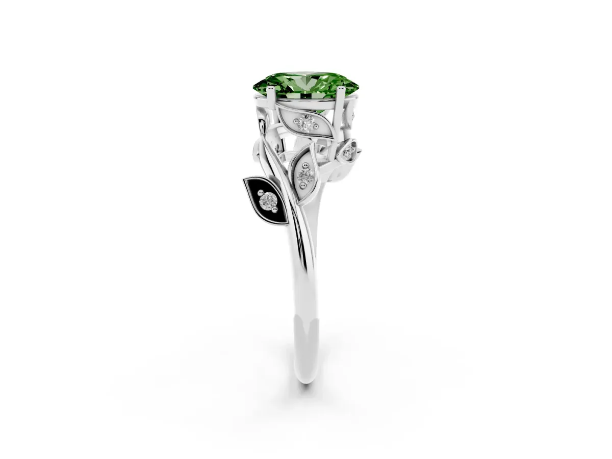 Fancy Green Oval Cut Solitaire Twist Engagement Ring with Leaf Accents and Prong Setting Silver