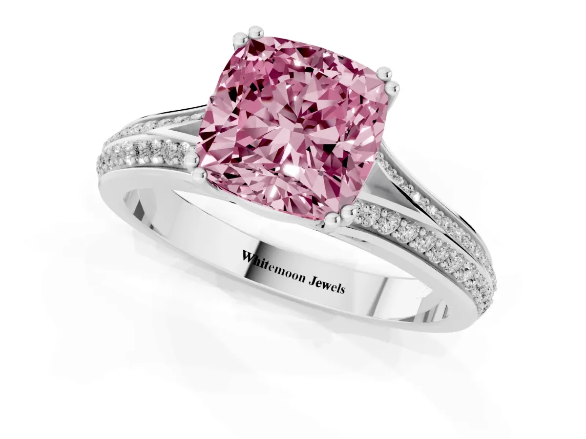 Fancy Pink Cushion Cut Diamond Split Shank Engagement Ring with Pavé Band Silver