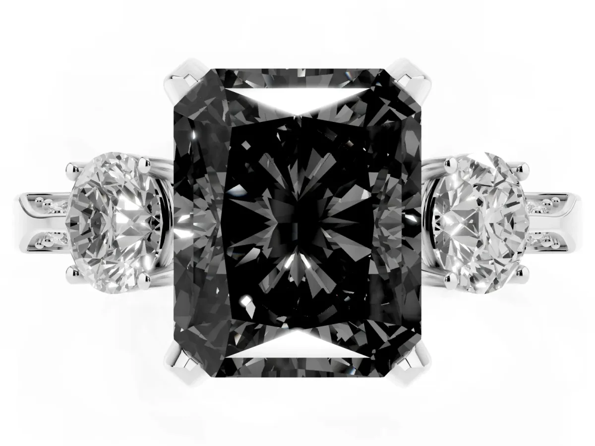 Fancy Black Radiant Cut Brilliant Three-Stone Diamond Ring with Pavé Band and Four-Prong Setting Platinum