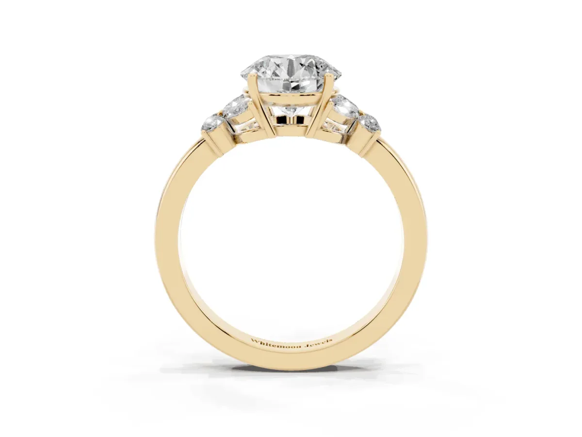 Round Cut Cut Solitaire Floral Diamond Ring with Four-Prong Setting Yellow gold