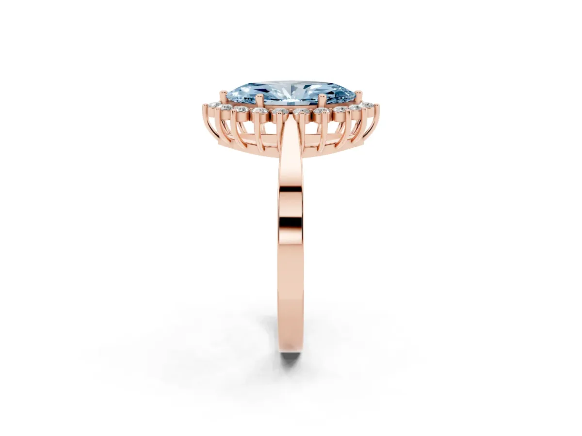 Fancy Blue Marquise Cut Cut Diamond Halo Ring with Round Brilliant Halo and Solitaire Band Rose gold