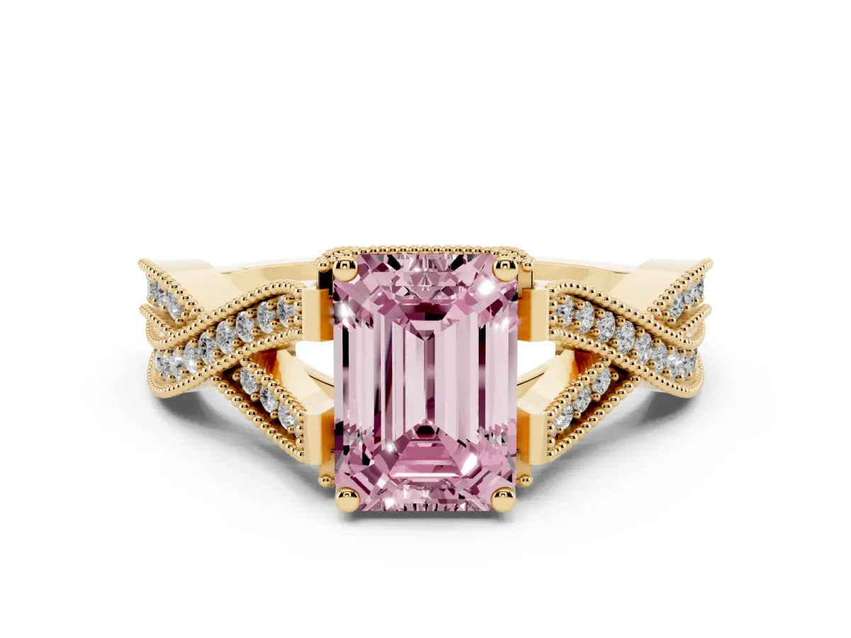 Fancy Pink Emerald Cut Cut Diamond Twisted Band with Milgrain Pave Setting and Four-Prong Setting Yellow gold