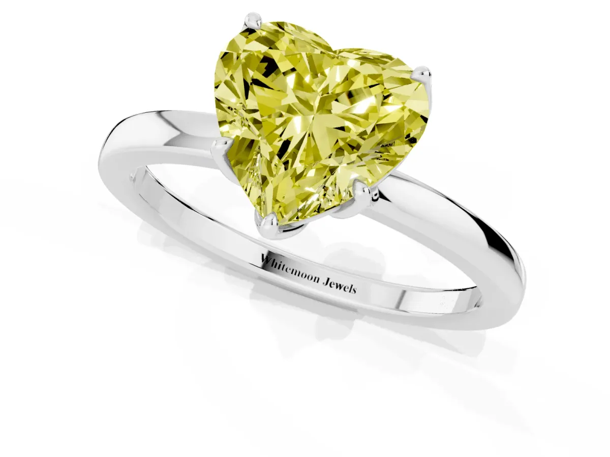 Fancy Yellow Heart Cut Diamond Solitaire Ring with Thin Band and Prong Setting Silver