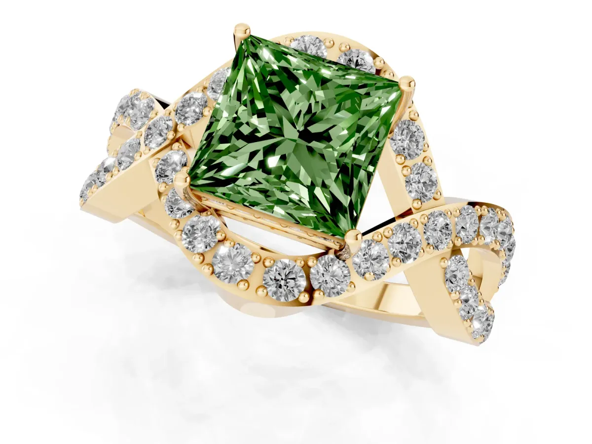 Fancy Green Princess Cut Solitaire Twist Band Pavé Diamond Engagement Ring Yellow gold