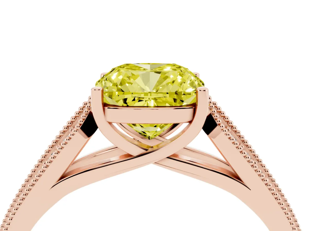 Fancy Yellow Cushion Cut Cut Pave Split Shank Engagement Ring with Four-Prong Setting Rose gold
