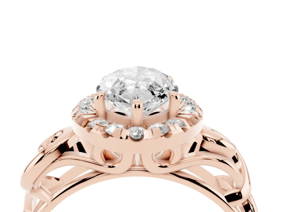 Marquise Cut Cut Halo Diamond Ring with Scrollwork Band and Four-Prong Setting Rose gold