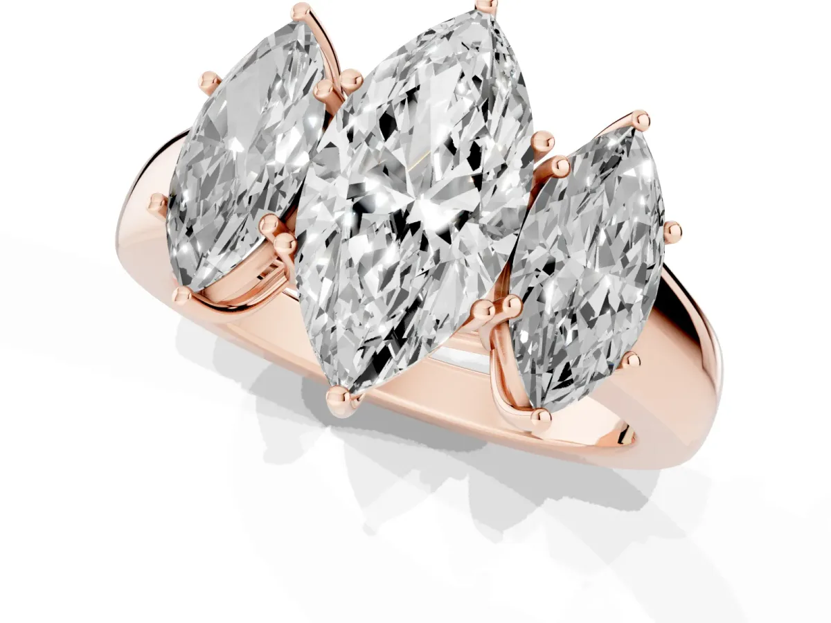 Three-Stone Marquise Cut Cut Diamond Ring with Prong Setting and Classic Band Rose gold