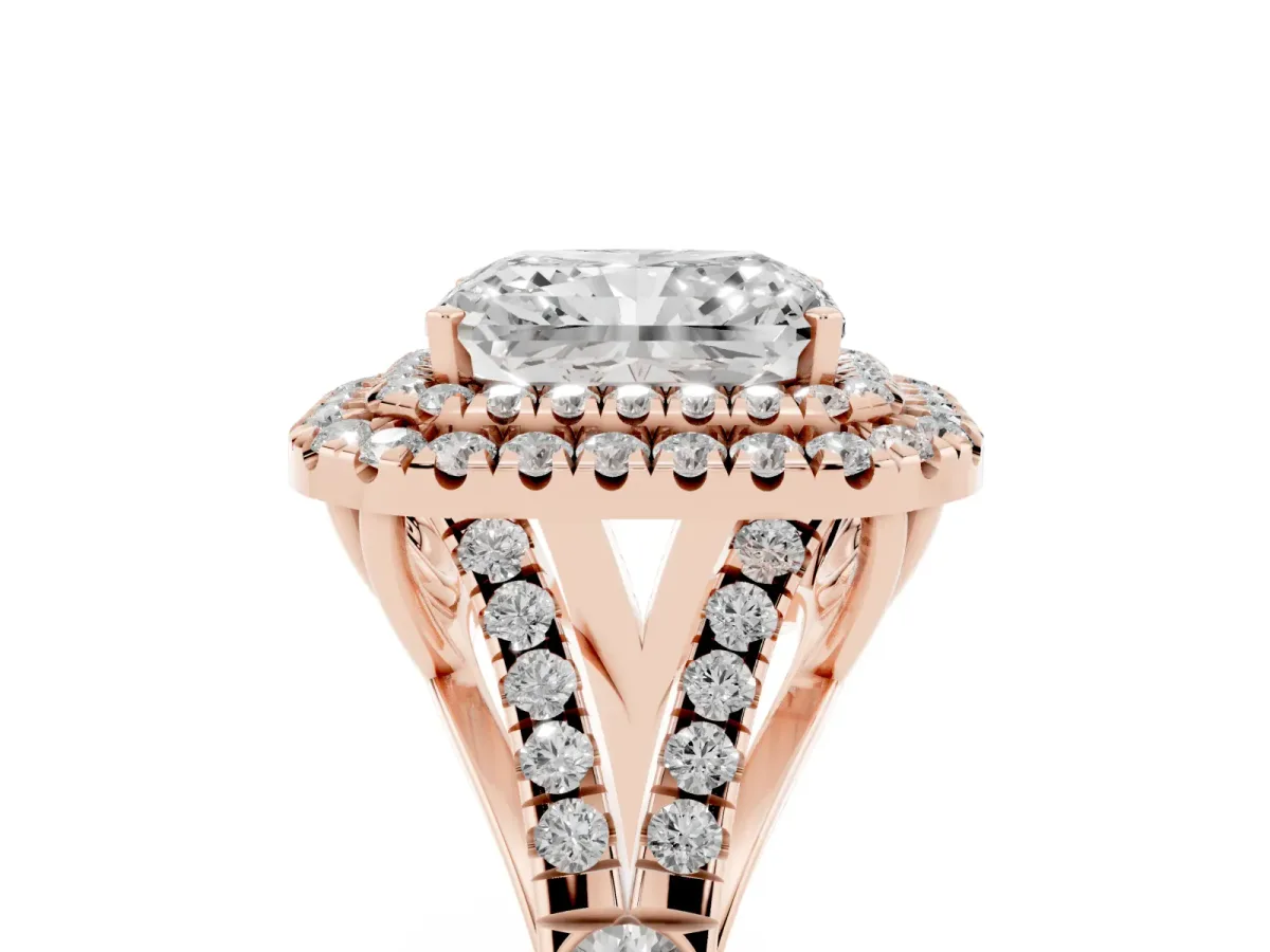 Double Halo Radiant Cut Diamond Split Shank Engagement Ring with Four-Prong Setting Rose gold