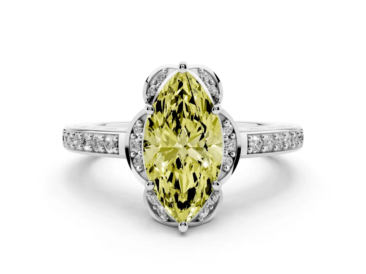 Fancy Yellow Marquise Cut Cut Halo Diamond Ring with Channel Set Band and Four-Prong Setting Platinum