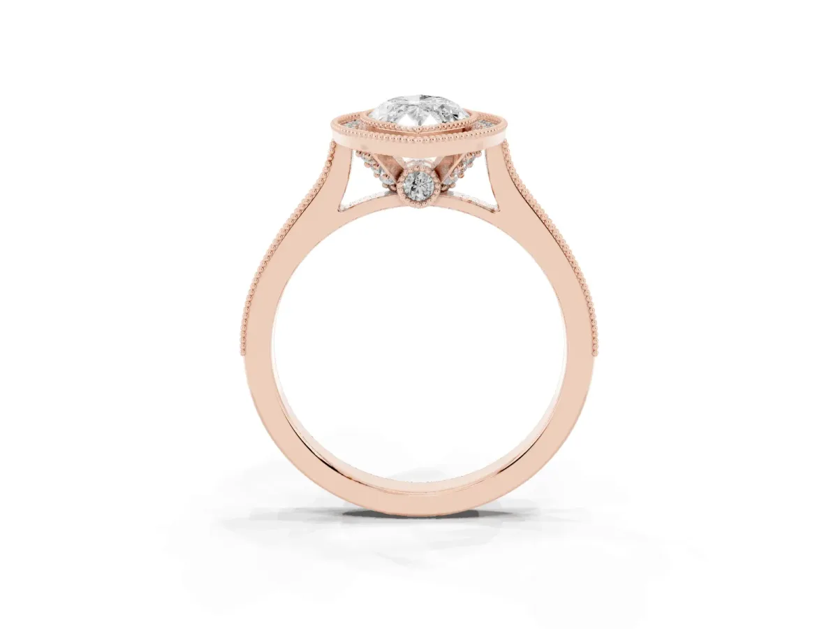 Halo Marquise Cut-Cut Diamond Pave Band Milgrain Prong Setting Ring Rose gold