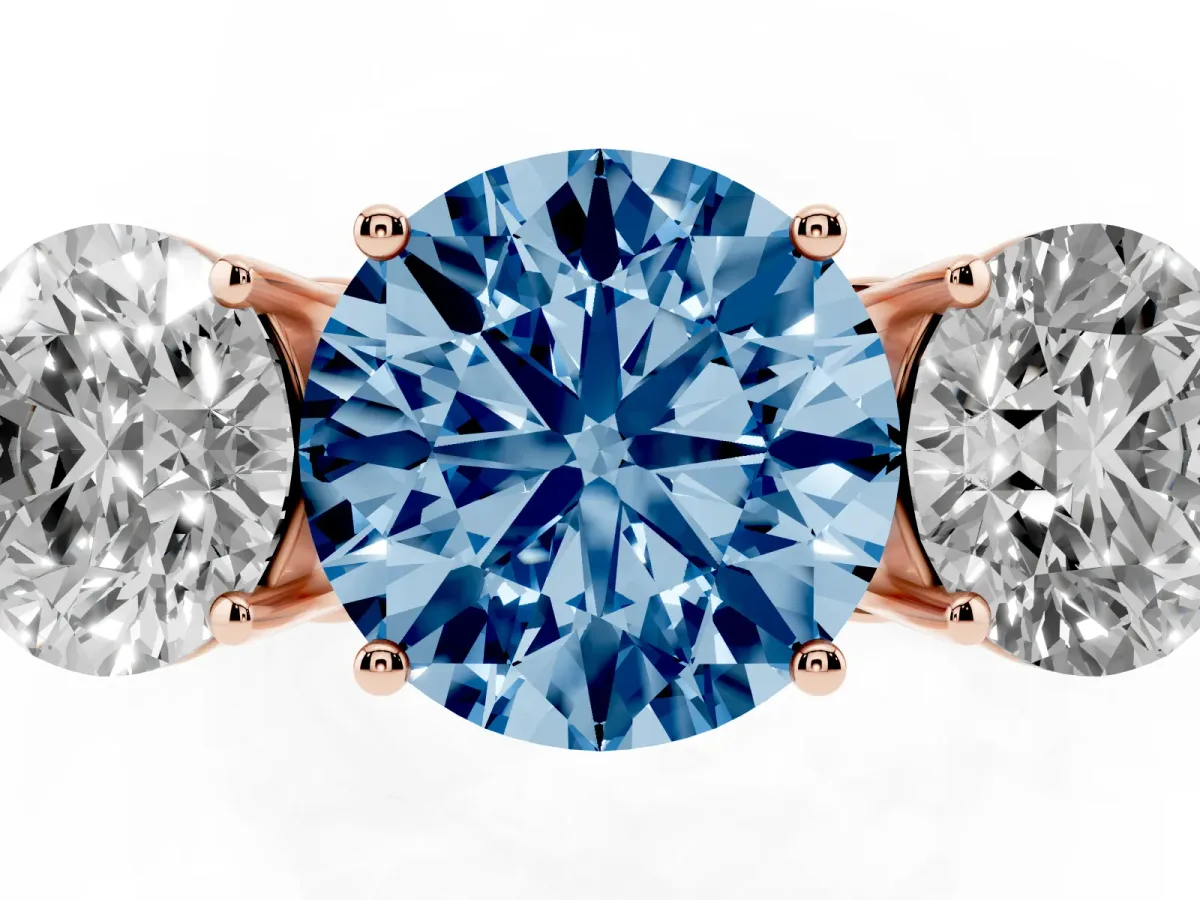 Fancy Blue Round Cut Diamond Three-Stone Ring with Prong Setting and Textured Band Rose gold