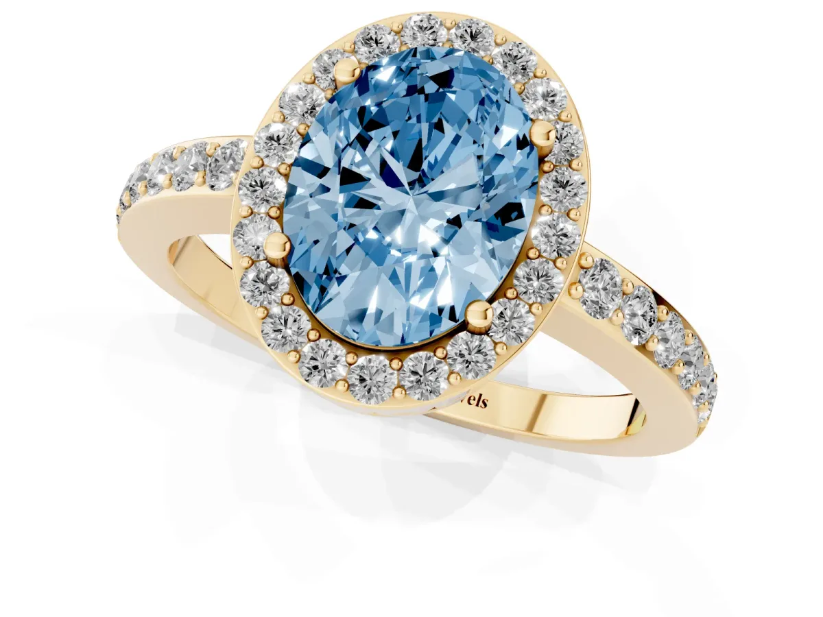 Fancy Blue Oval Cut Halo Diamond Pavé Band Ring with Prong Setting Yellow gold