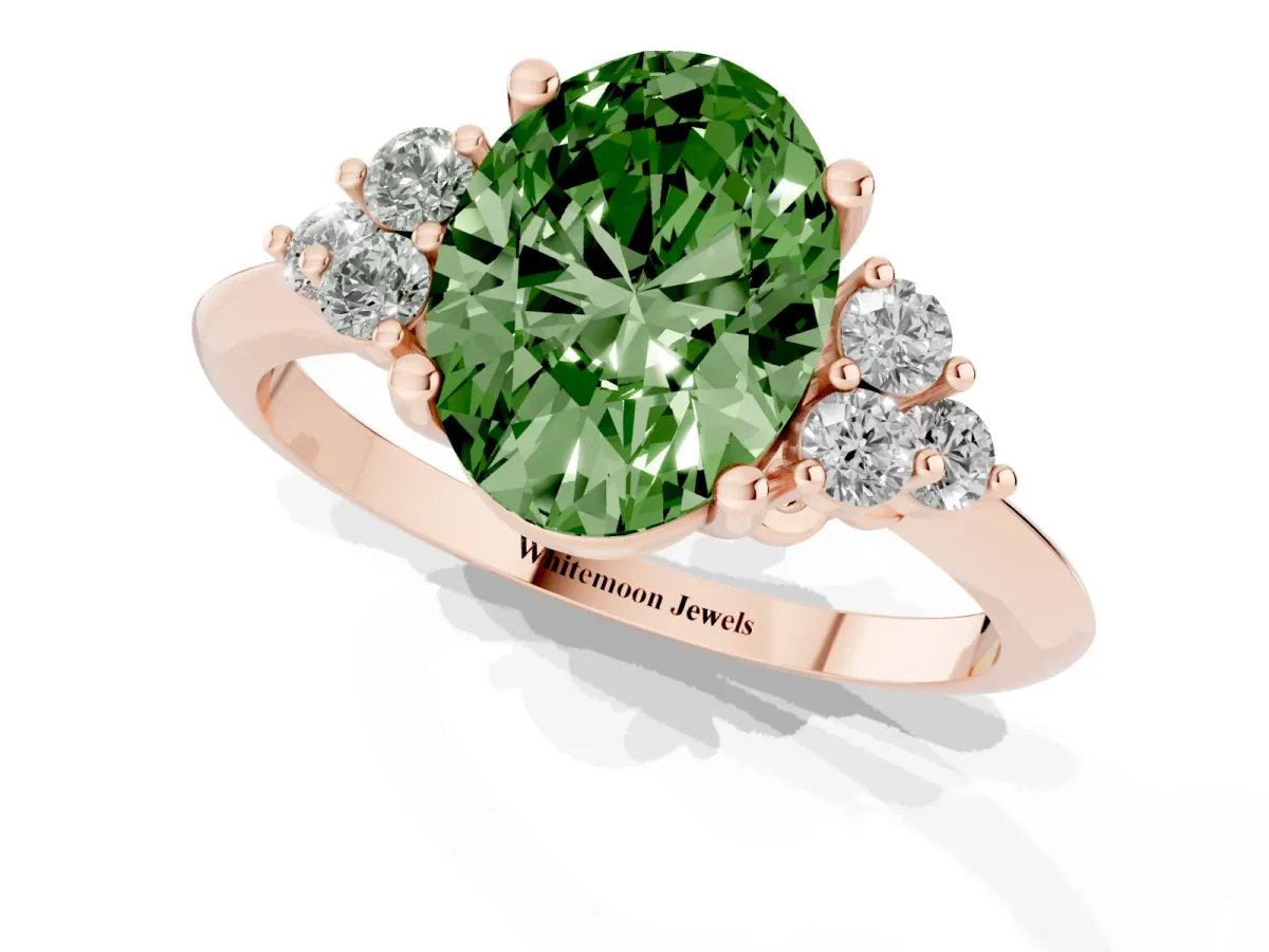 Fancy Green Oval Cut Cut Diamond Cluster Ring with Solitaire Band and Four-Prong Setting Rose gold