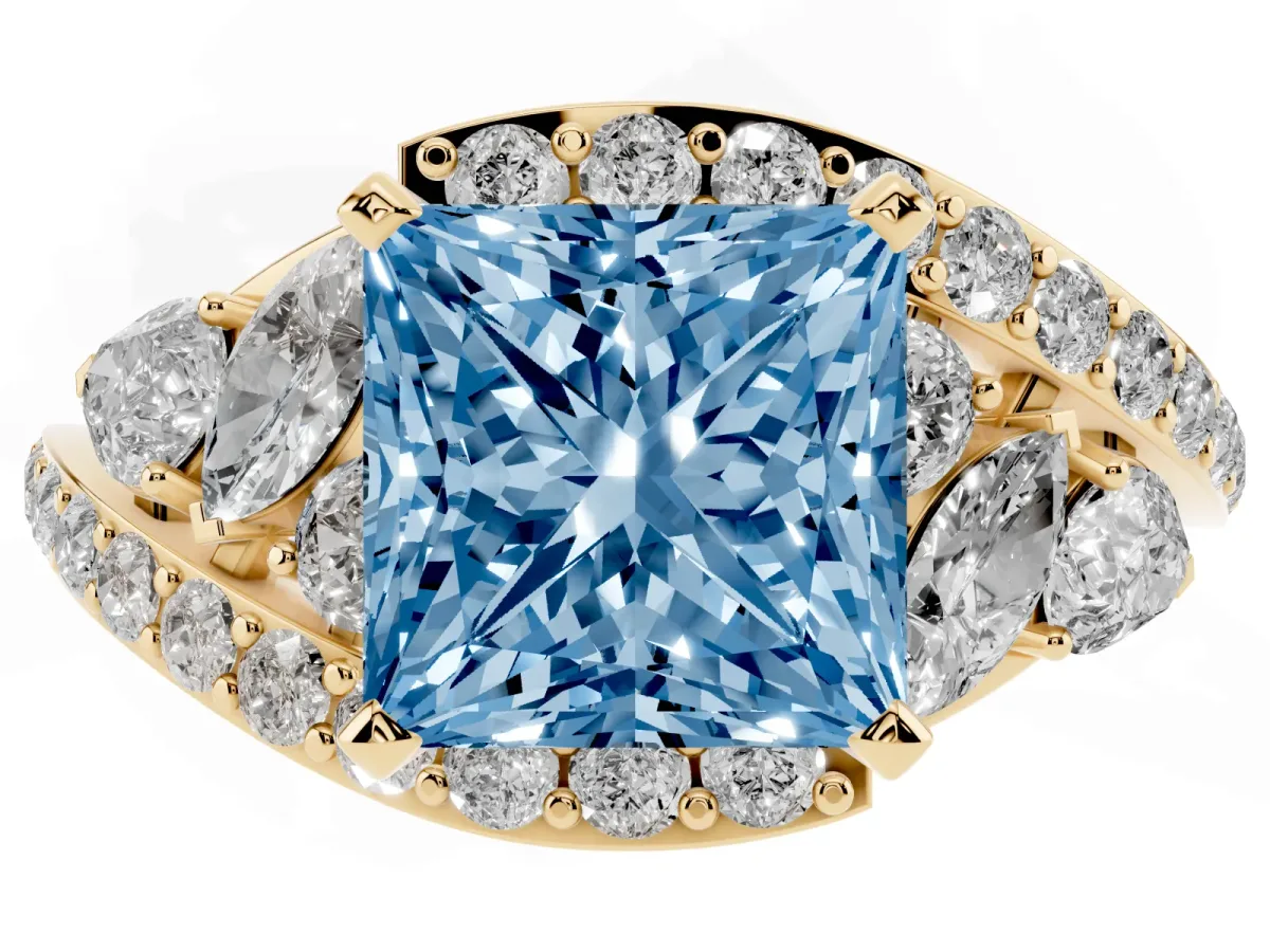 Fancy Blue Princess Cut Diamond Halo Ring with Marquise and Pavé Band in Prong Setting Yellow gold
