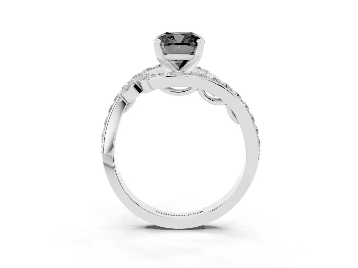 Fancy Black Cushion Cut Diamond Solitaire Ring with Filigree Band and Four-Prong Setting Silver