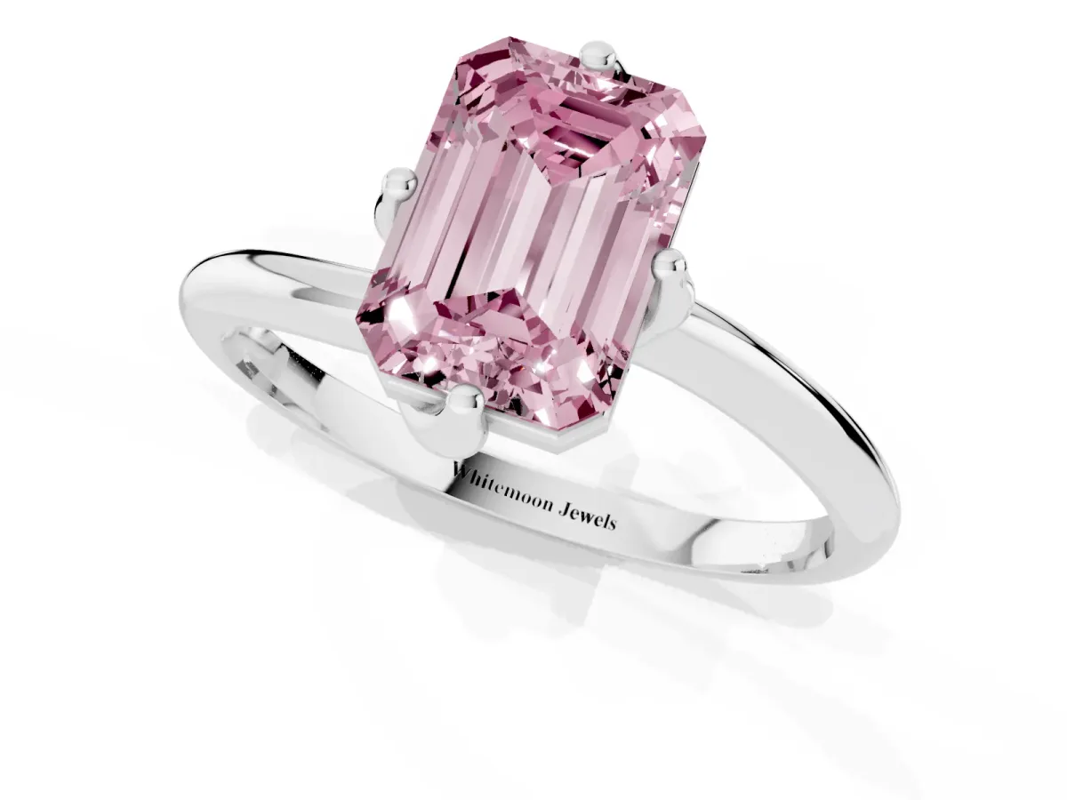 Fancy Pink Emerald Cut Diamond Solitaire Engagement Ring with Four-Prong Setting and Classic Band Silver