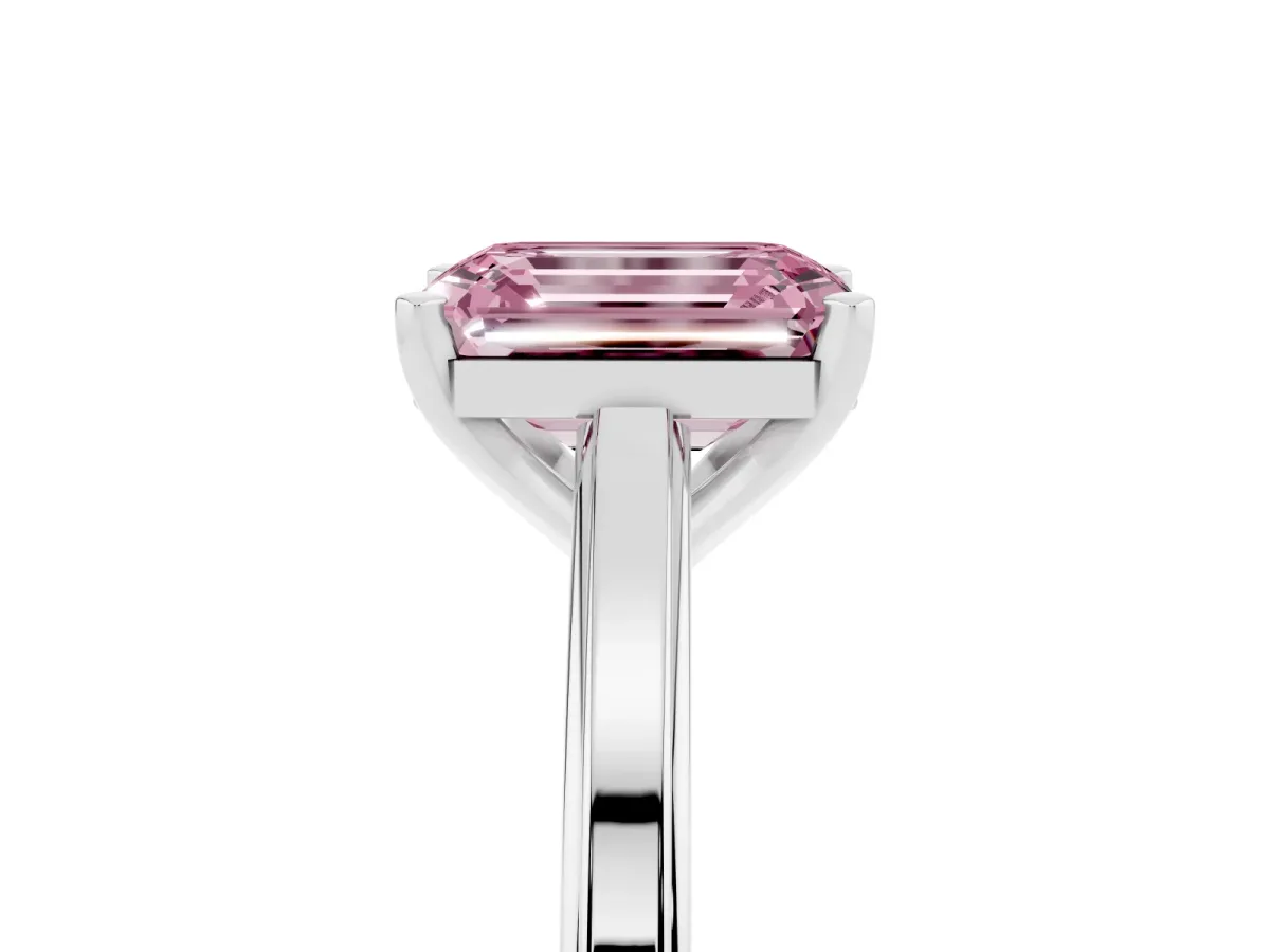 Fancy Pink Emerald Cut Solitaire Diamond Ring with Four-Prong Setting and Classic Band Silver
