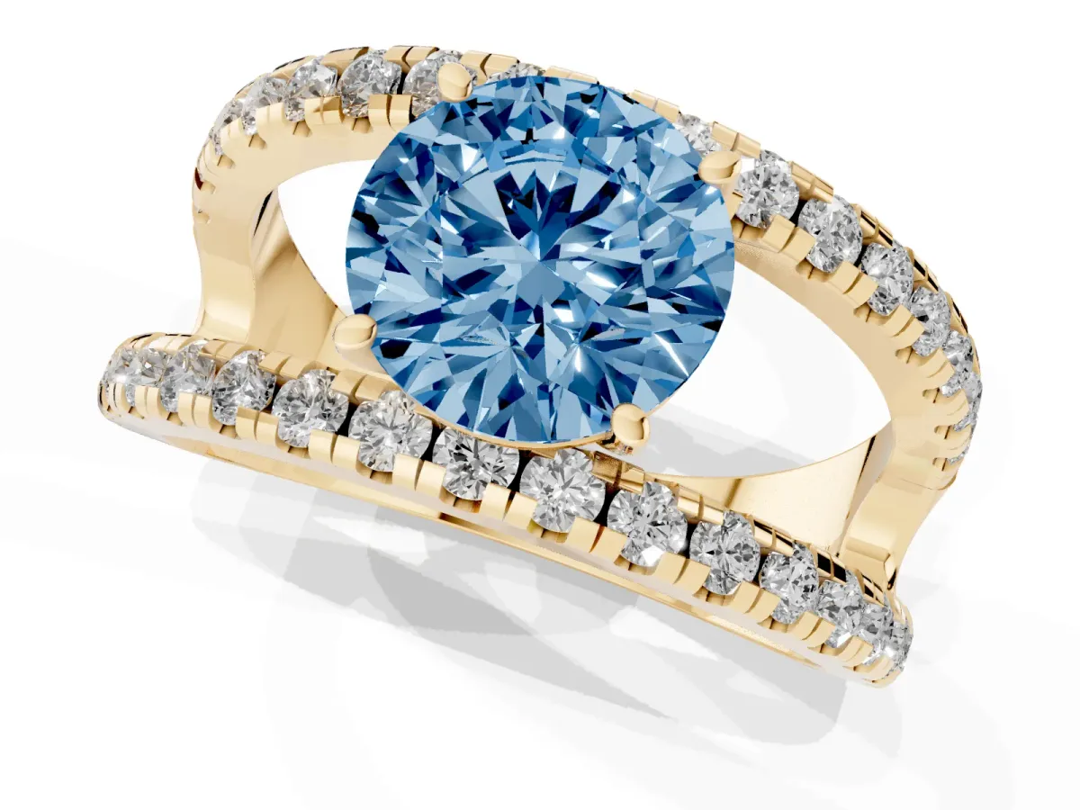 Fancy Blue Round Cut Solitaire Split Shank Pave Diamond Ring Yellow gold