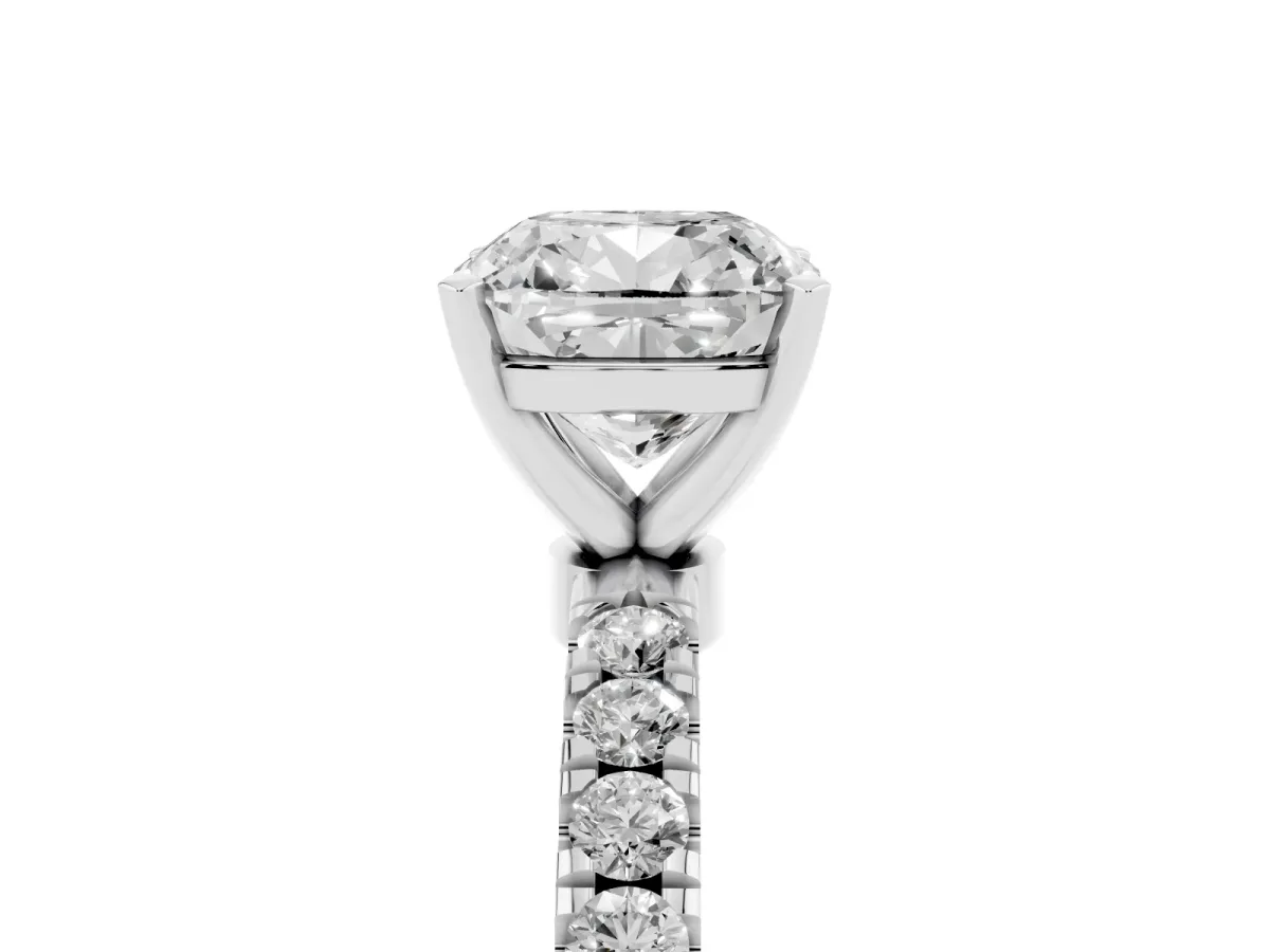 Cushion Cut Diamond Solitaire Ring with Pavé Accents and Four-Prong Setting White gold