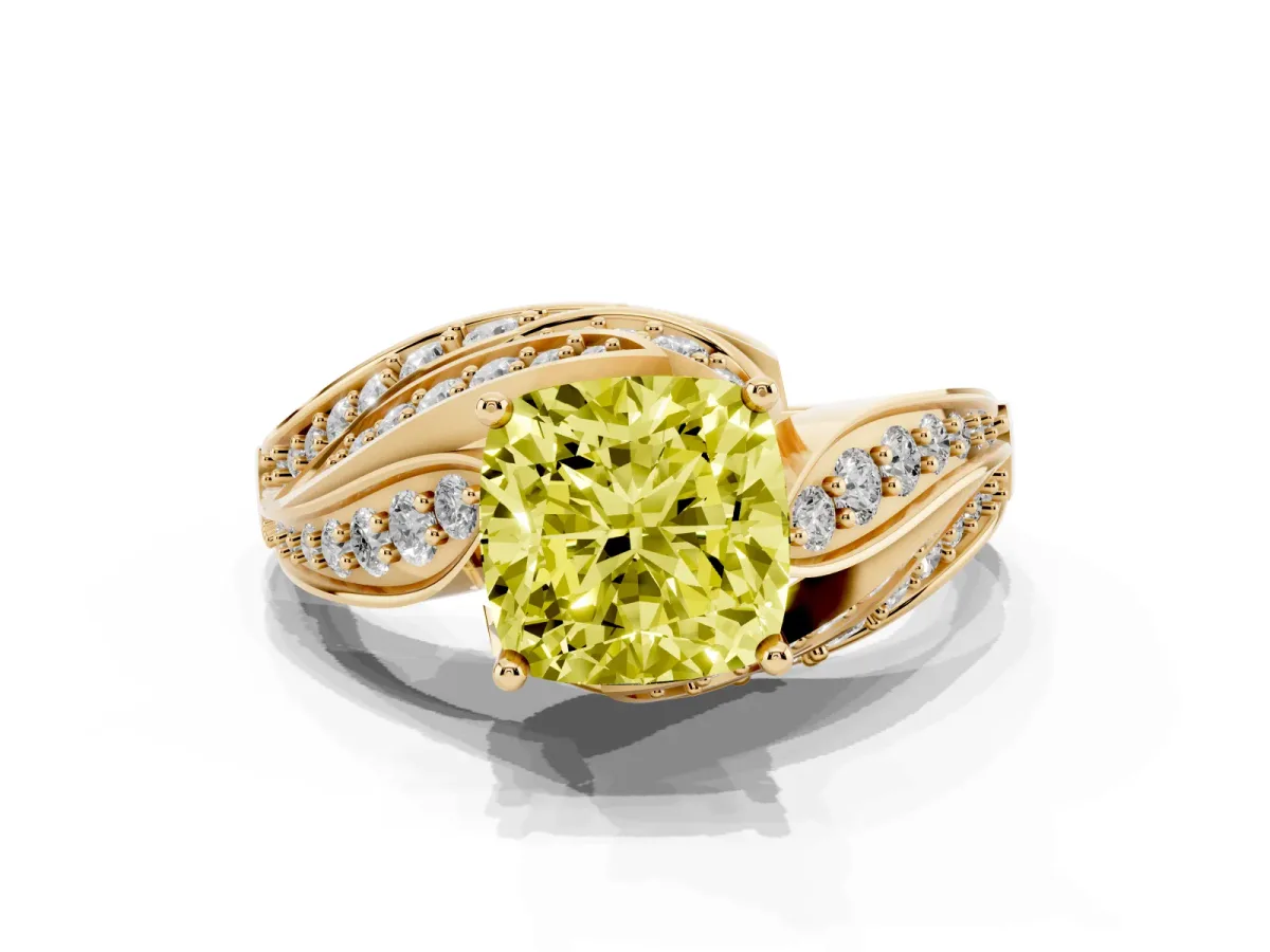 Fancy Yellow Cushion Cut Diamond Solitaire Ring with Prong Setting and Twisted Pavé Band Yellow gold