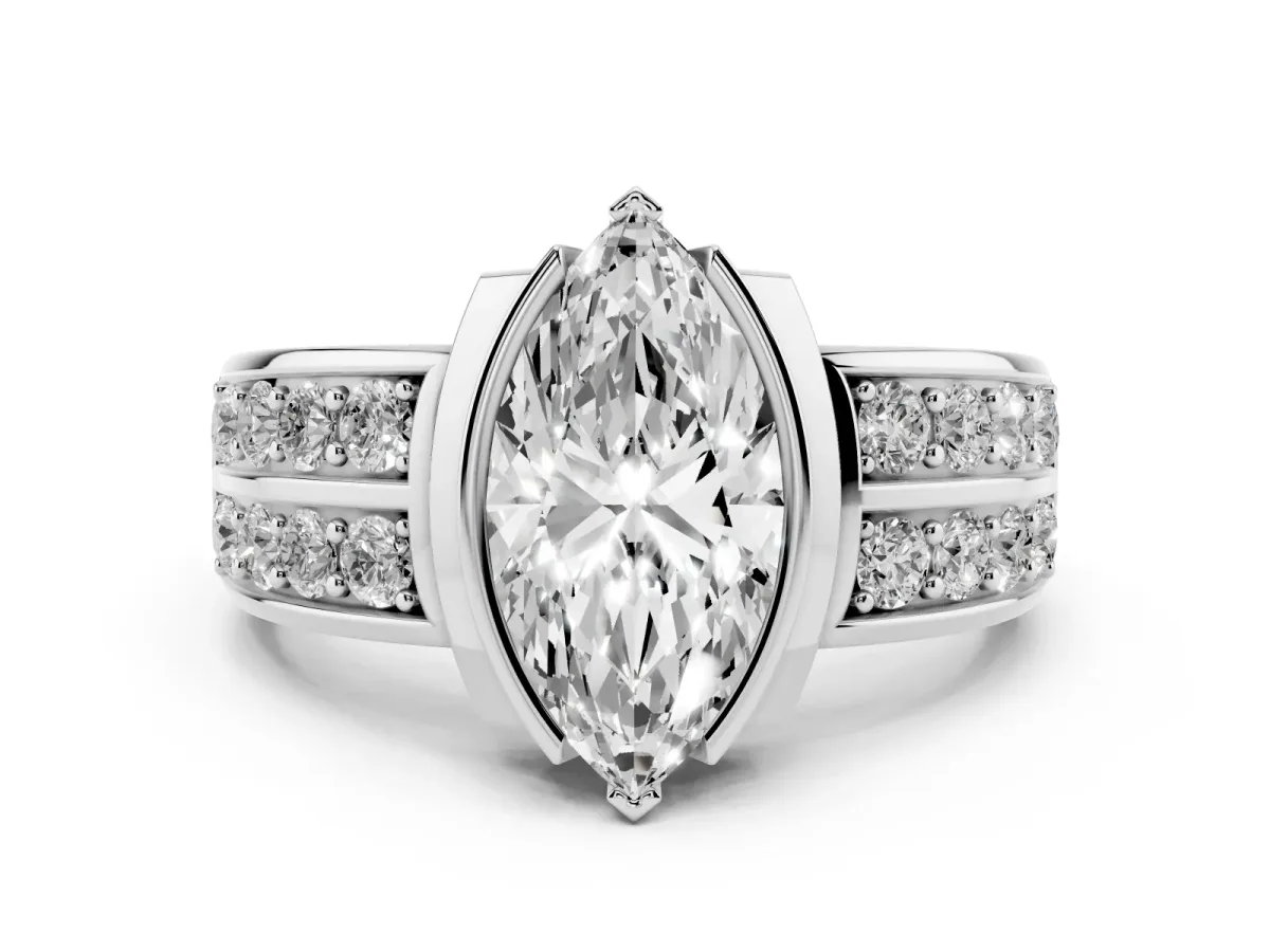 Marquise Cut Brilliant Diamond Channel Set Wide Band Ring with Bezel Setting Silver
