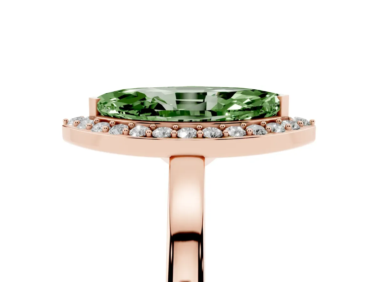 Fancy Green Marquise Cut Halo Diamond Ring with Solitaire Band and Prong Setting Rose gold