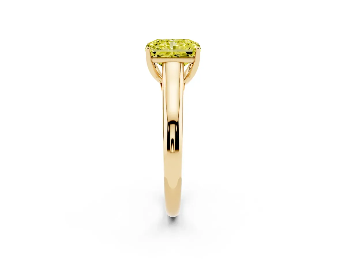Fancy Yellow Radiant Cut Solitaire Engagement Ring with Tapered Band and Four-Prong Setting Yellow gold