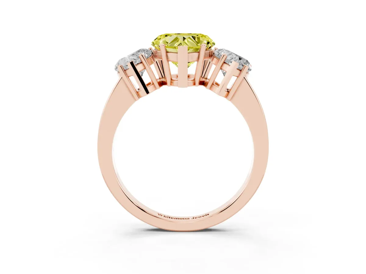 Fancy Yellow Three-Stone Heart Cut Cut Diamond Engagement Ring with Flat Band and Four-Prong Setting Rose gold