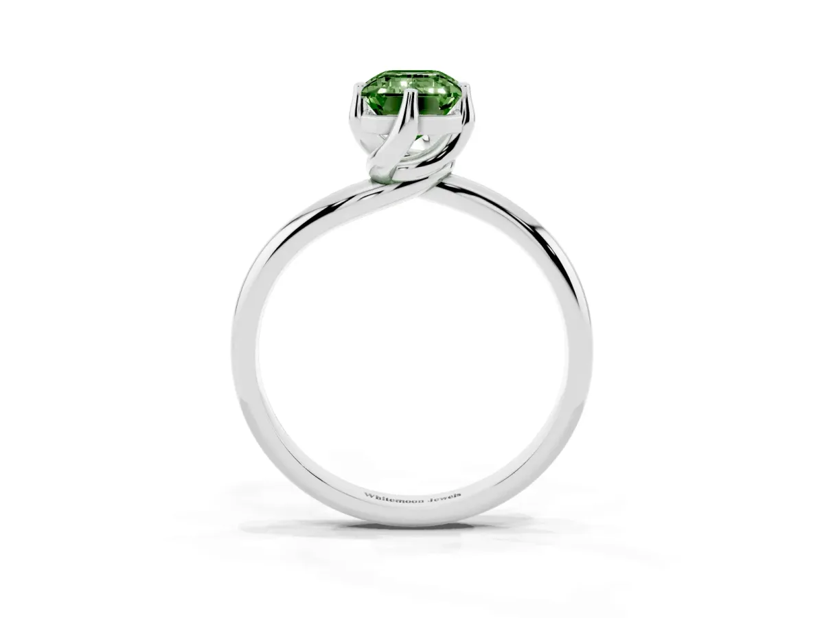Fancy Green Emerald Cut Diamond Solitaire Engagement Ring with Four-Prong Setting and Classic Band Platinum