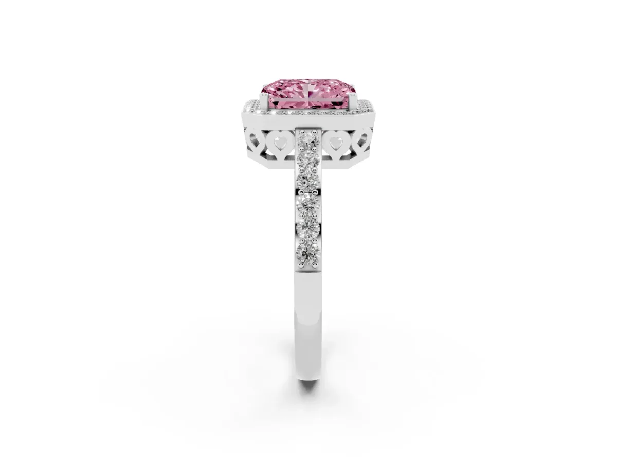 Fancy Pink Radiant Cut Halo Diamond Pavé Band Ring with Prong Setting Platinum