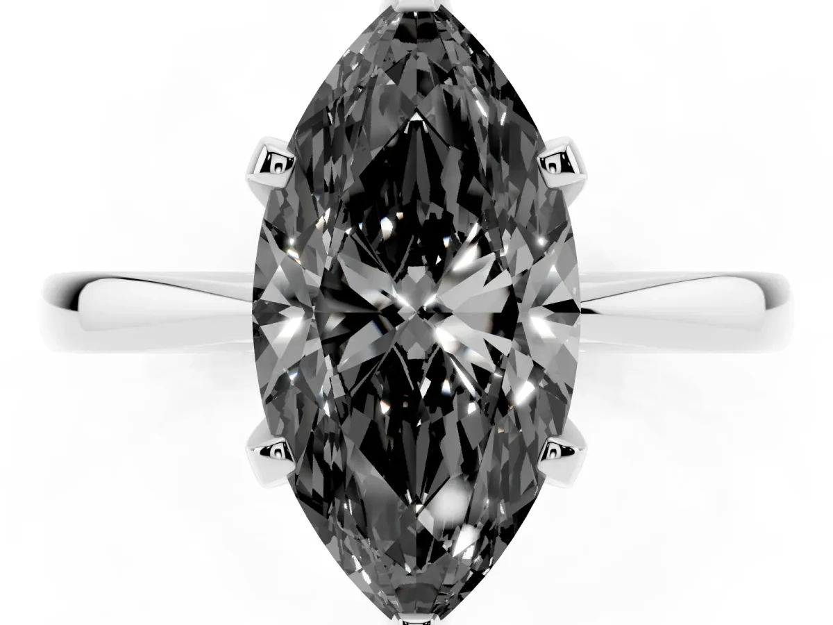 Fancy Black Marquise Cut Solitaire Engagement Ring with Six-Prong Setting and Tapered Band Platinum