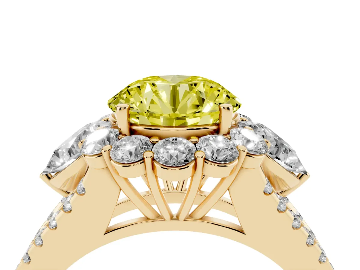 Fancy Yellow Round Cut Halo Split Shank Diamond Engagement Ring with Prong Setting Yellow gold