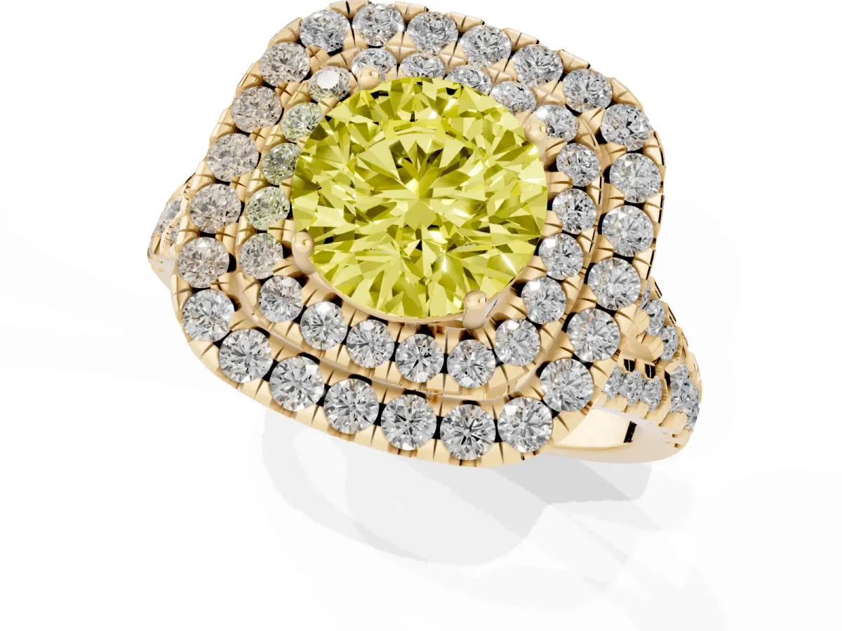 Fancy Yellow Double Halo Round Cut Diamond Pavé Split Shank Ring with Prong Setting Yellow gold