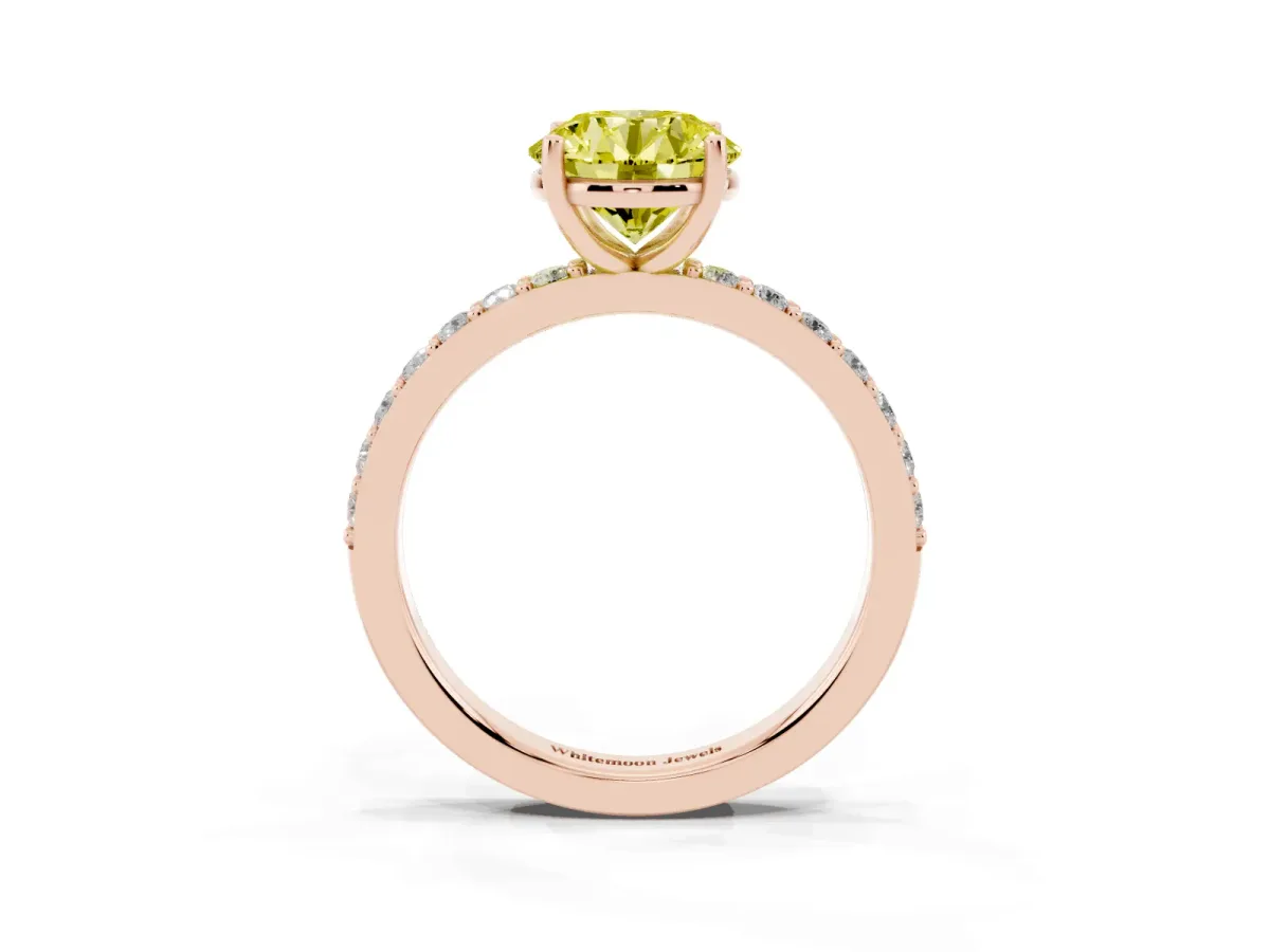 Fancy Yellow Round Cut Cut Diamond Solitaire with Pave Band and Four-Prong Setting Rose gold