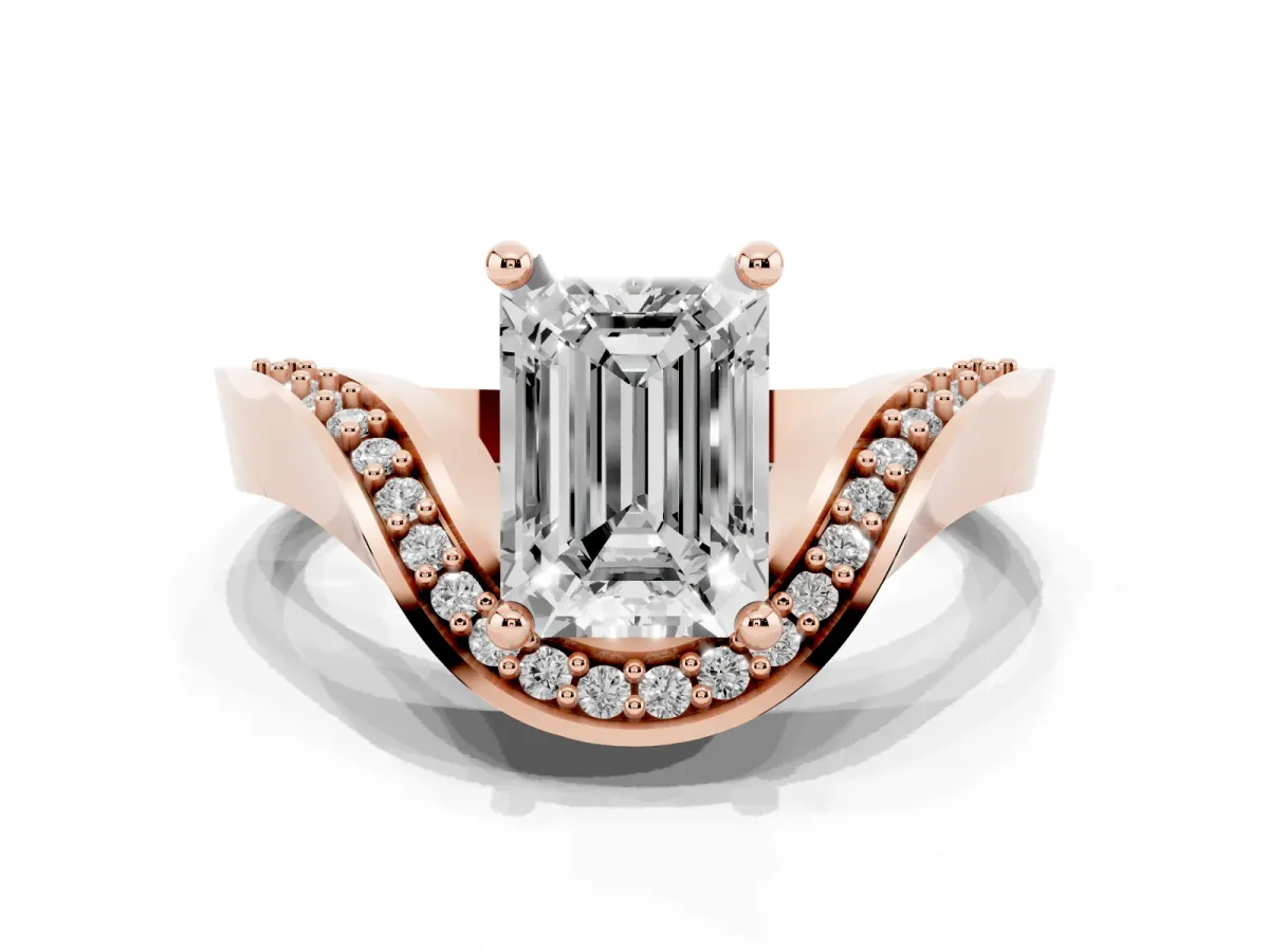 Emerald Cut Solitaire Diamond Engagement Ring with Pave Band and Four-Prong Setting Rose gold